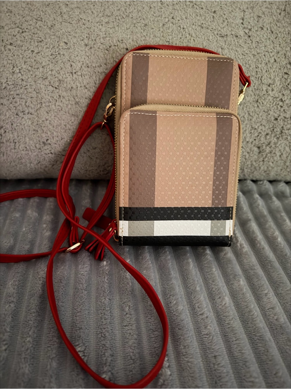 Compact Crossbody Phone Bag in Beige with Red Strap